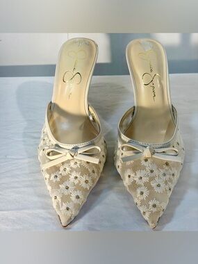 Jessica Simpson Cream Floral Embroidered Pointed Mules with Bow